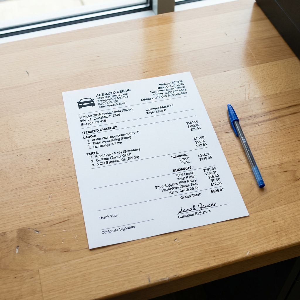 A detailed auto repair garage invoice laid flat on a workshop desk showing itemized labor and parts fields