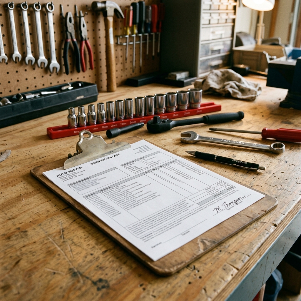 A detailed auto repair invoice on a clipboard placed on a garage workbench with a mechanic's tools nearby.