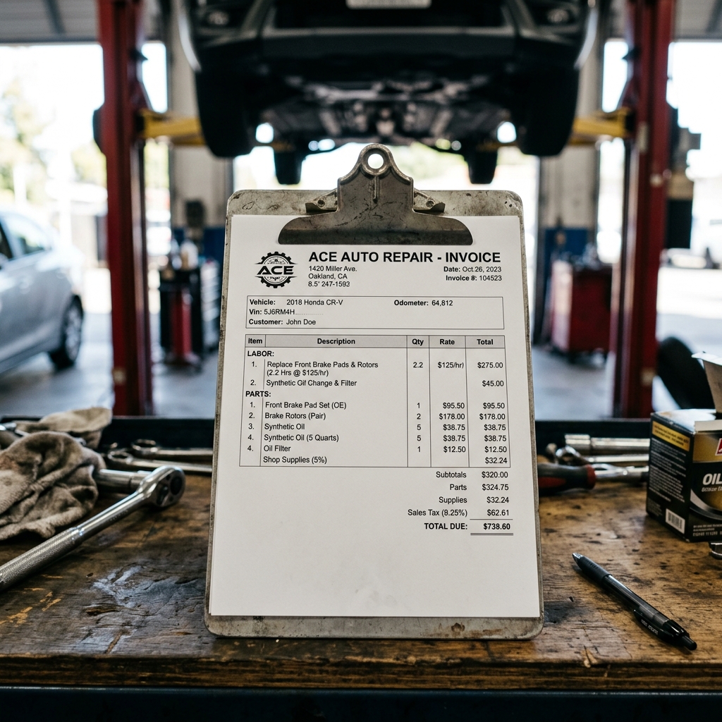 A detailed auto repair invoice on a clipboard showing itemized parts, labor charges, and shop contact information on a workbench.
