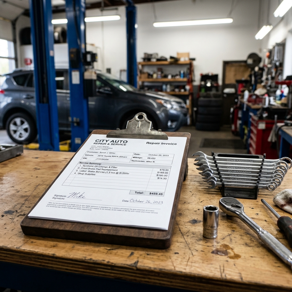 A detailed car repair invoice on a clipboard placed on a mechanic's workbench with tools and a vehicle in the background.