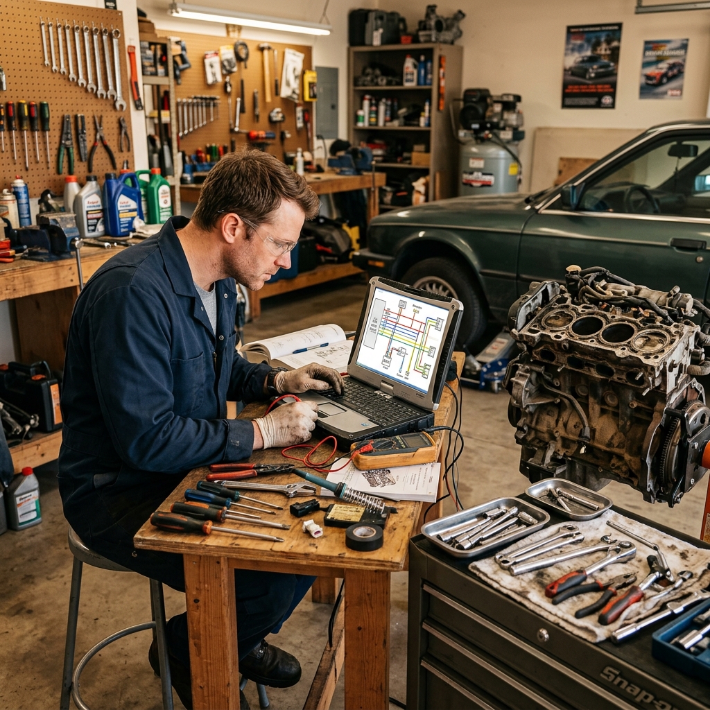 A DIY mechanic at a workbench reviewing a wiring diagram on a laptop beside a partially disassembled car engine.