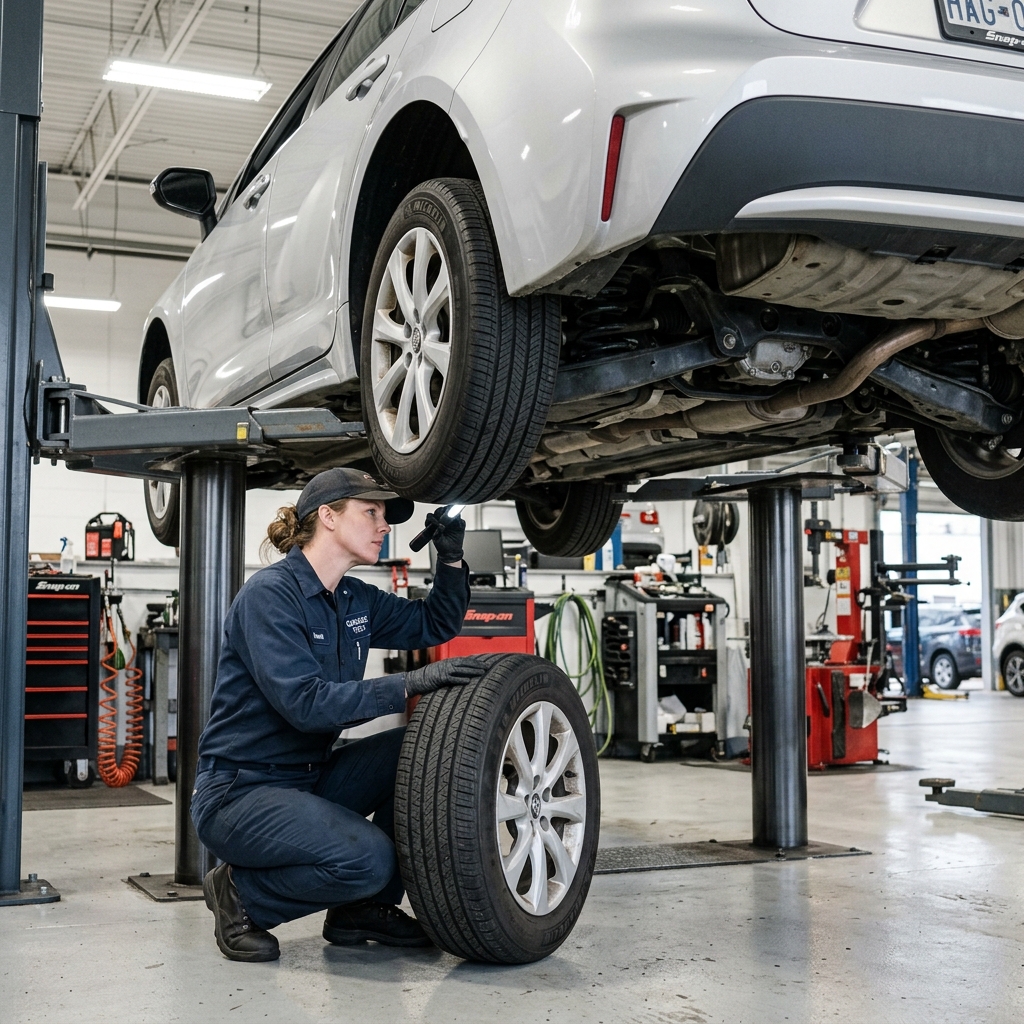 A mechanic in a blue uniform performing a full vehicle inspection in a well-lit auto repair shop bay.