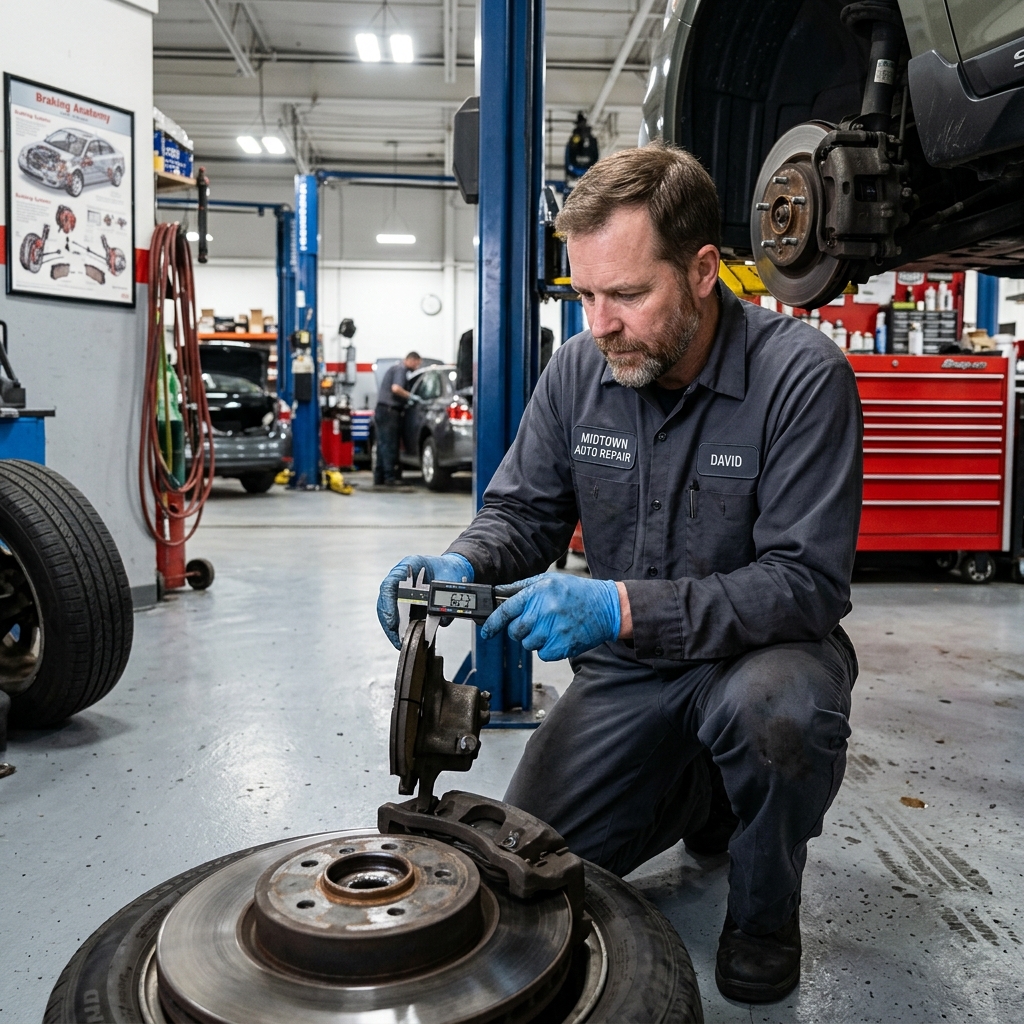 a mechanic in a garage inspecting a car wheel and brake rotor with a caliper measurement tool during a full vehicle inspection