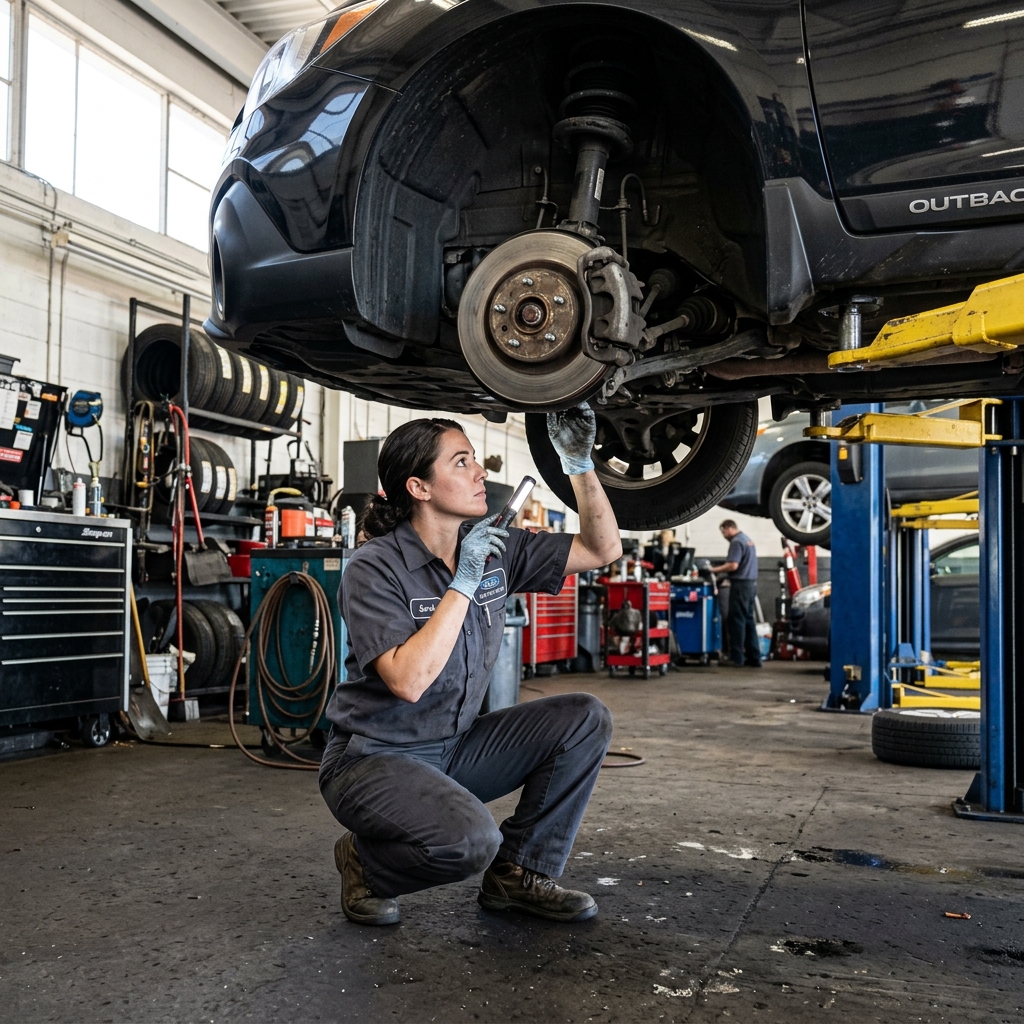 A mechanic performing a safety inspection on a car lifted on a hydraulic hoist in a clean auto repair shop.