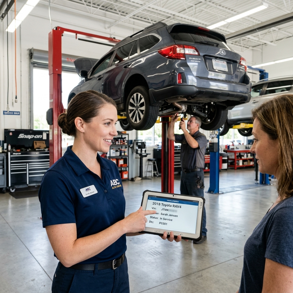 A service advisor at a modern auto repair shop reviews vehicle history on a tablet, with a car on a lift in the background.