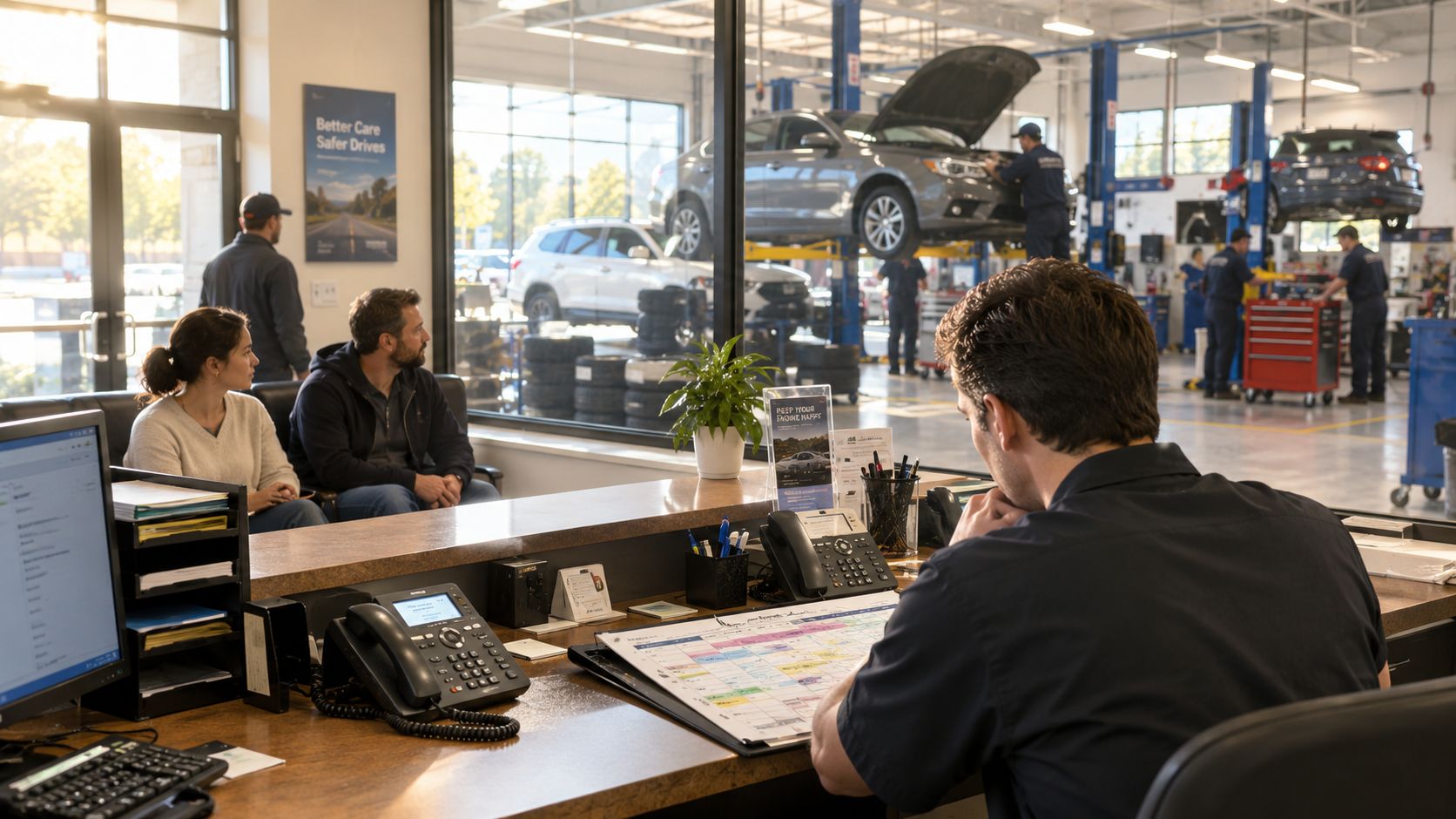 A service advisor reviews a schedule at a busy car dealership service center desk while customers wait.