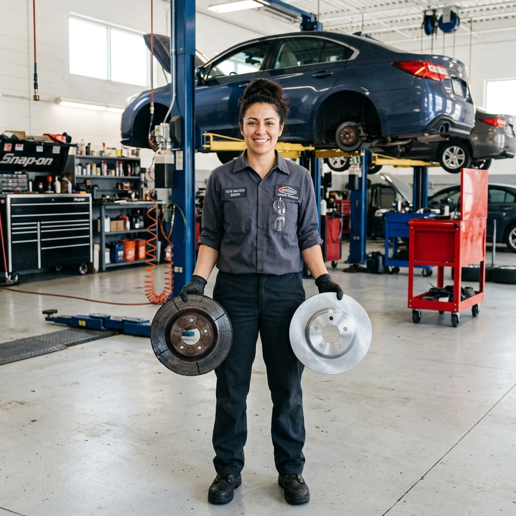 Auto mechanic holding a cracked brake rotor next to a new replacement rotor inside a well-lit repair shop bay.