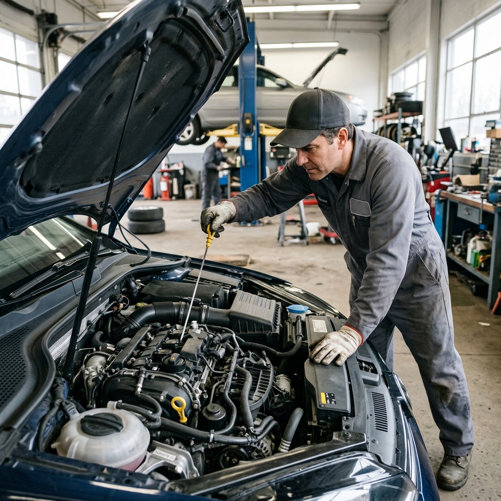 Auto mechanic inspecting under-hood engine components, checking oil dipstick on a car in a repair shop bay.
