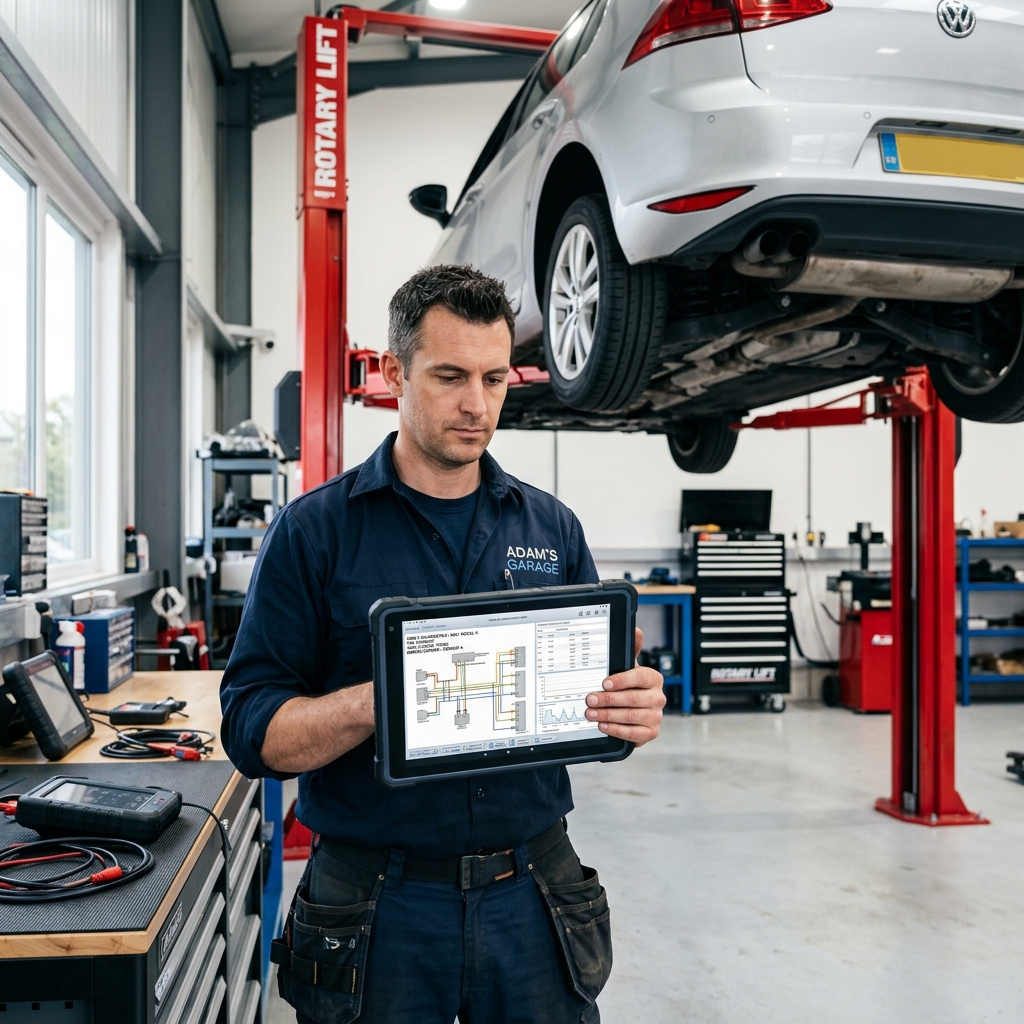Auto mechanic using a diagnostic tablet to look up OEM repair procedures and wiring diagrams for a vehicle on a lift.