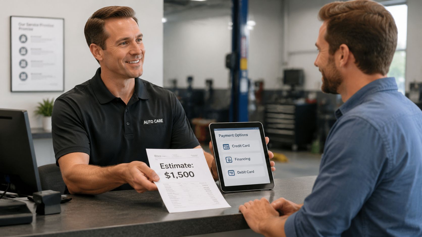 A professional auto repair technician presents an estimate and payment options to a customer at a garage.