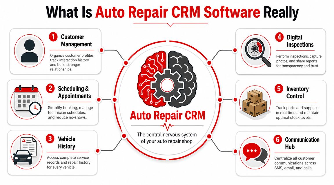 A diagram illustrating the six key functional components of auto repair CRM software for automotive shops.