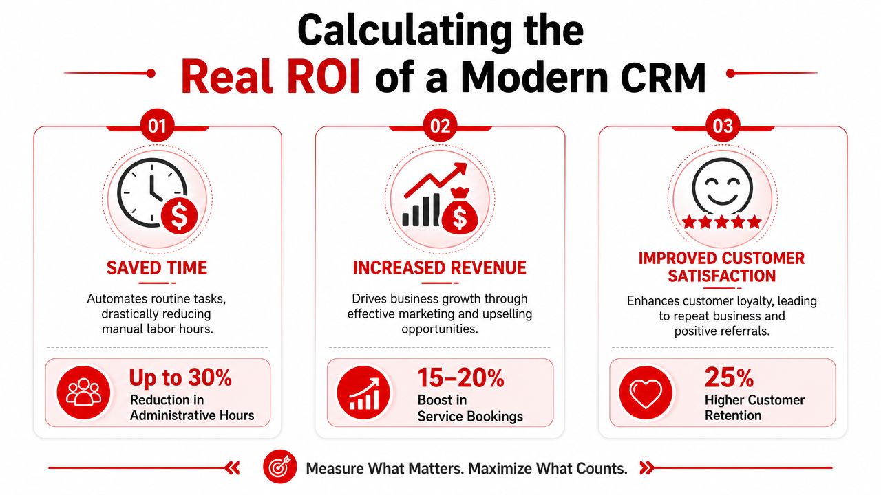 An infographic detailing the real ROI of modern CRM software for businesses through time savings and revenue growth.
