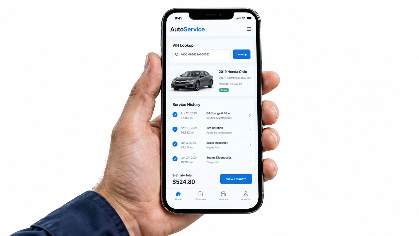 A hand holding a smartphone displaying an auto repair service history app with VIN lookup features.
