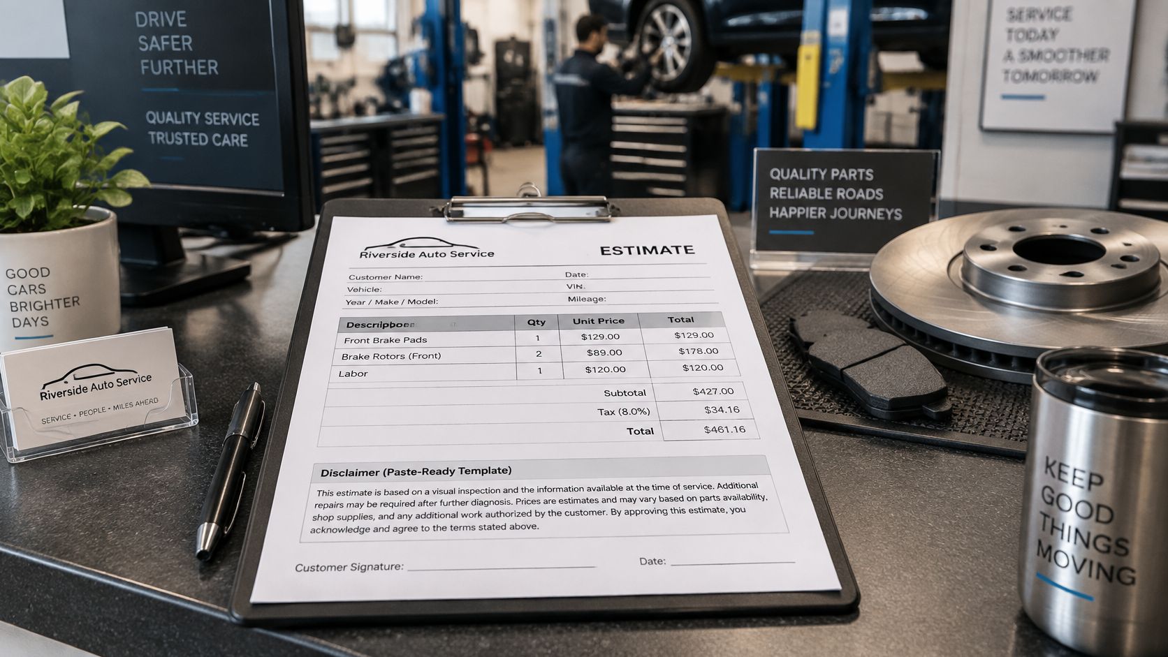 A close-up of a Riverside Auto Service estimate form featuring costs for brake pad and rotor replacement.