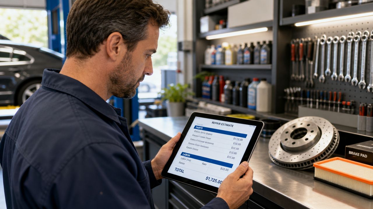 A professional mechanic in a shop holding a tablet showing an auto repair estimate template.