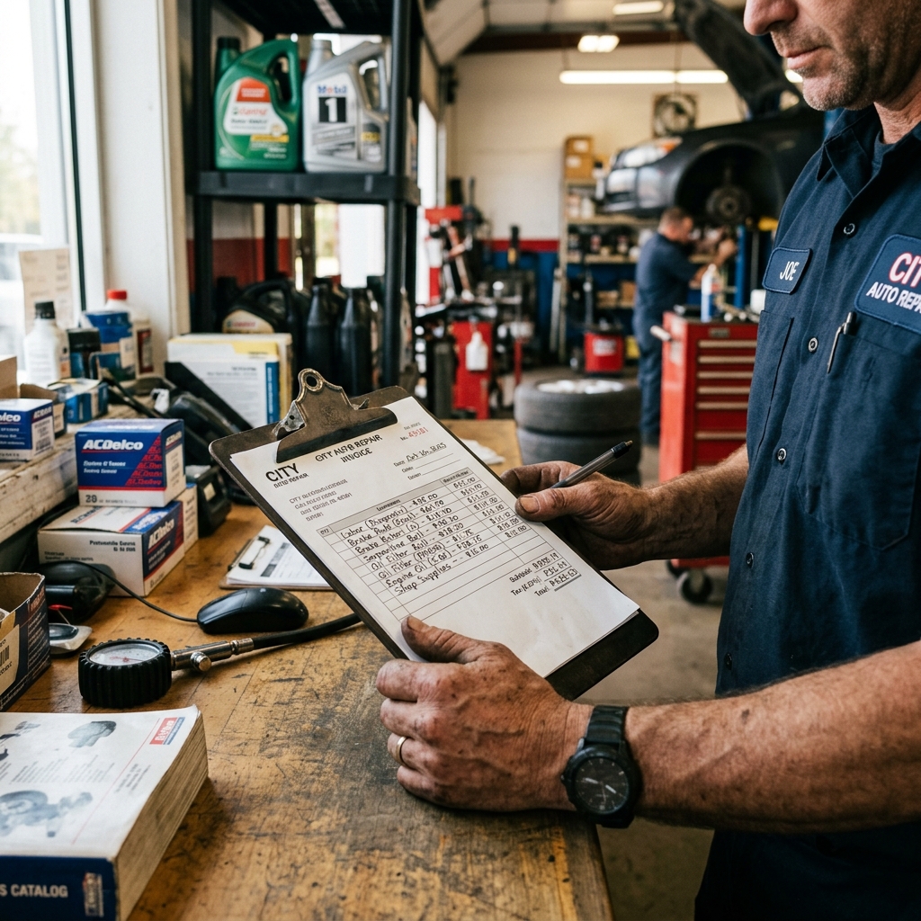 Auto repair invoice close-up showing itemized parts list with OEM and aftermarket components listed on a clipboard at a service desk.