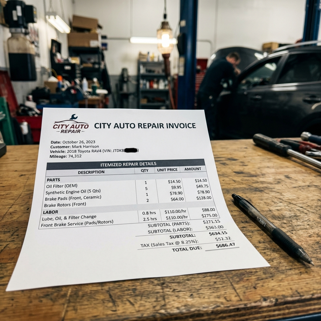 Auto repair invoice closeup showing itemized parts and labor with tax line entries on a workshop desk