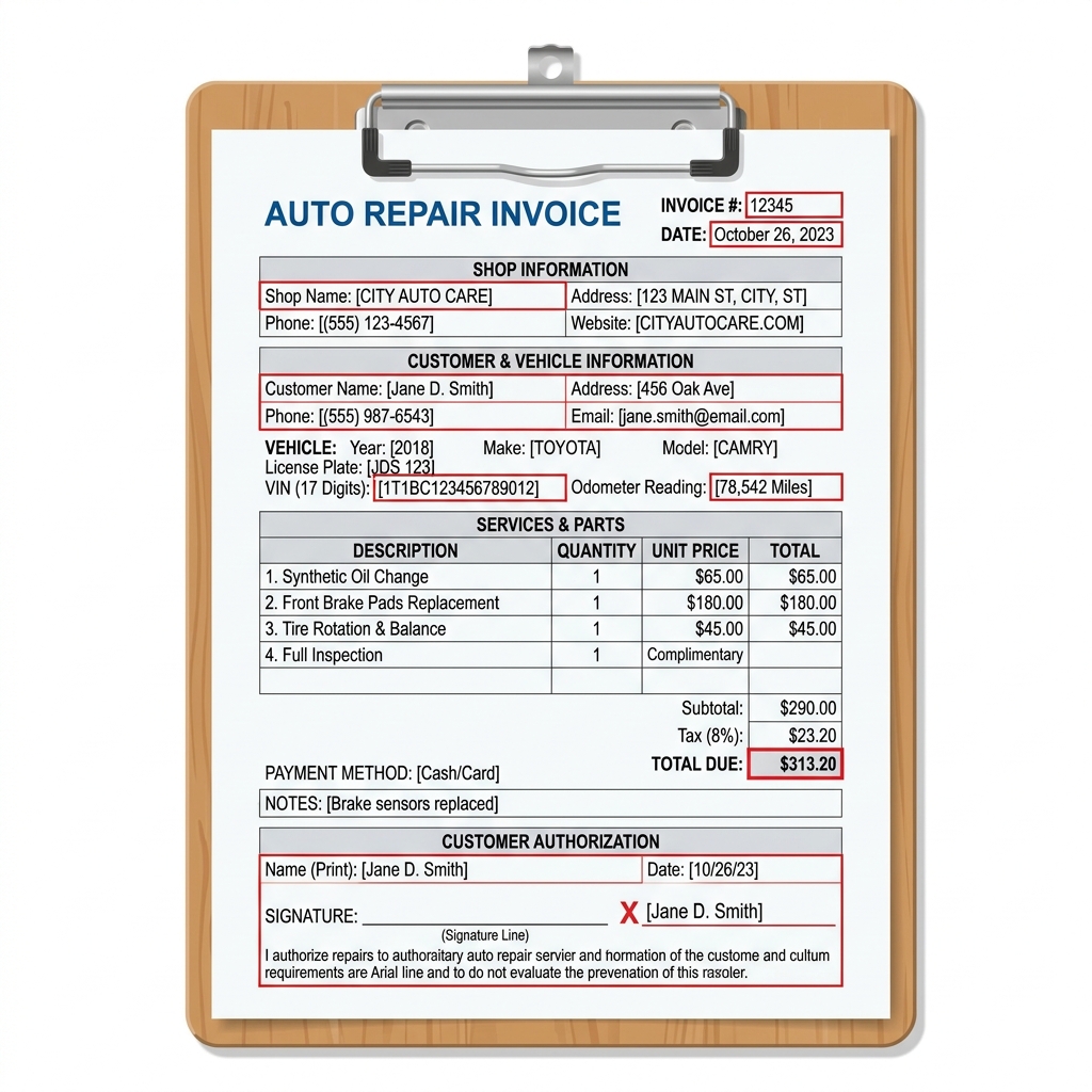 Auto repair invoice form on a clipboard showing vehicle details, VIN, and customer signature fields at a mechanic shop.