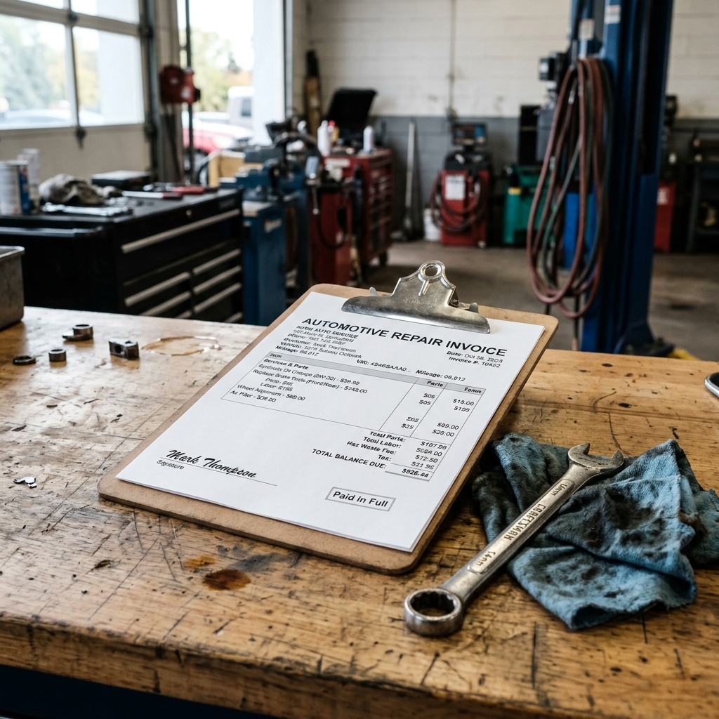 Auto repair invoice on a clipboard beside a mechanic's tools on a workshop bench, representing shop documentation
