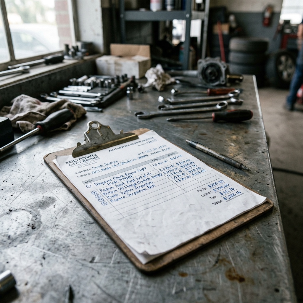 Auto repair invoice showing labor line items with job descriptions, hours, and rates on a workshop desk