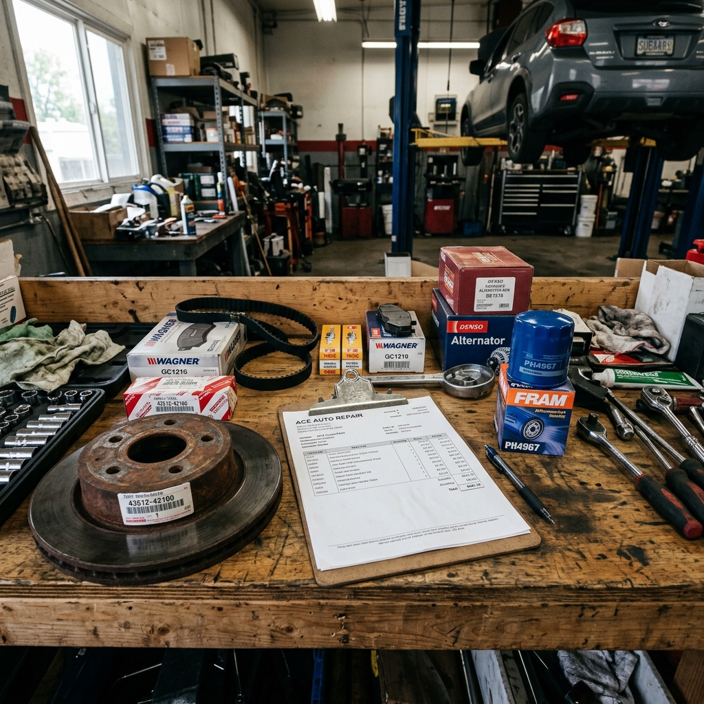 Auto repair invoice showing OEM and aftermarket parts list with part numbers, descriptions, quantities, and prices on a clipboard next to ca