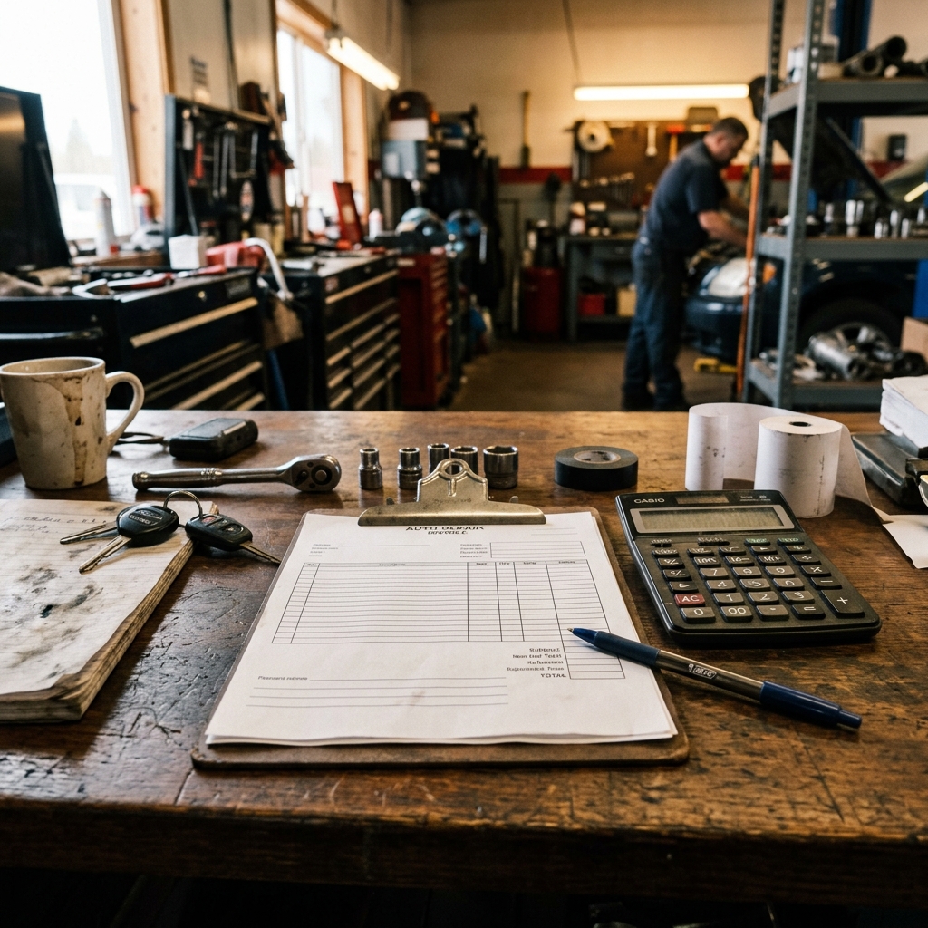 Auto repair invoice showing separate tax lines for parts and labor with a calculator and pen on a shop desk