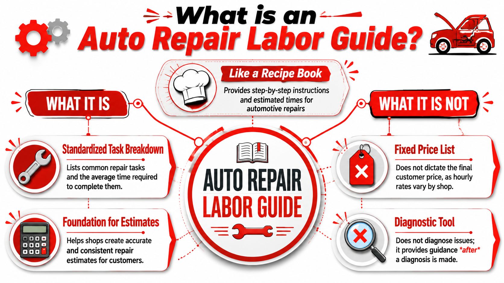 An infographic titled What is an Auto Repair Labor Guide explaining its purpose and limitations for car owners.