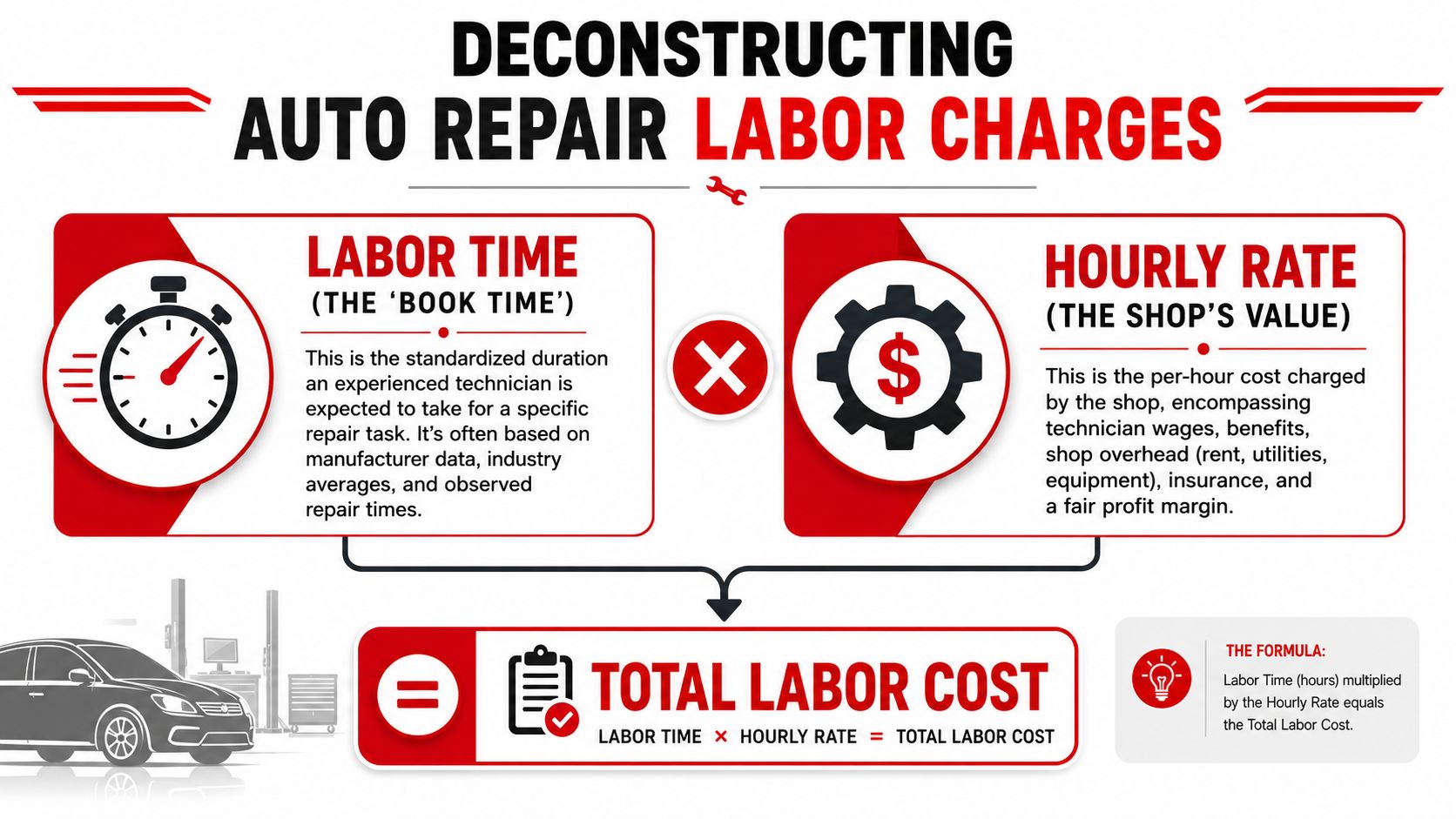 An infographic explaining how auto repair labor charges are calculated using labor time and hourly rates.