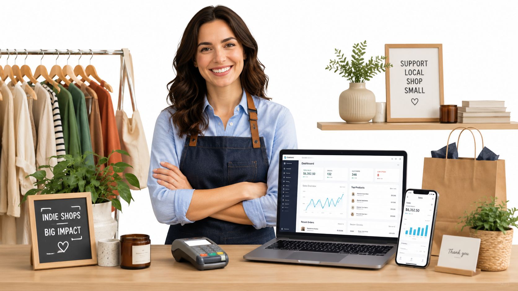 A smiling small business owner standing behind a counter with a laptop and smartphone showing sales dashboards.