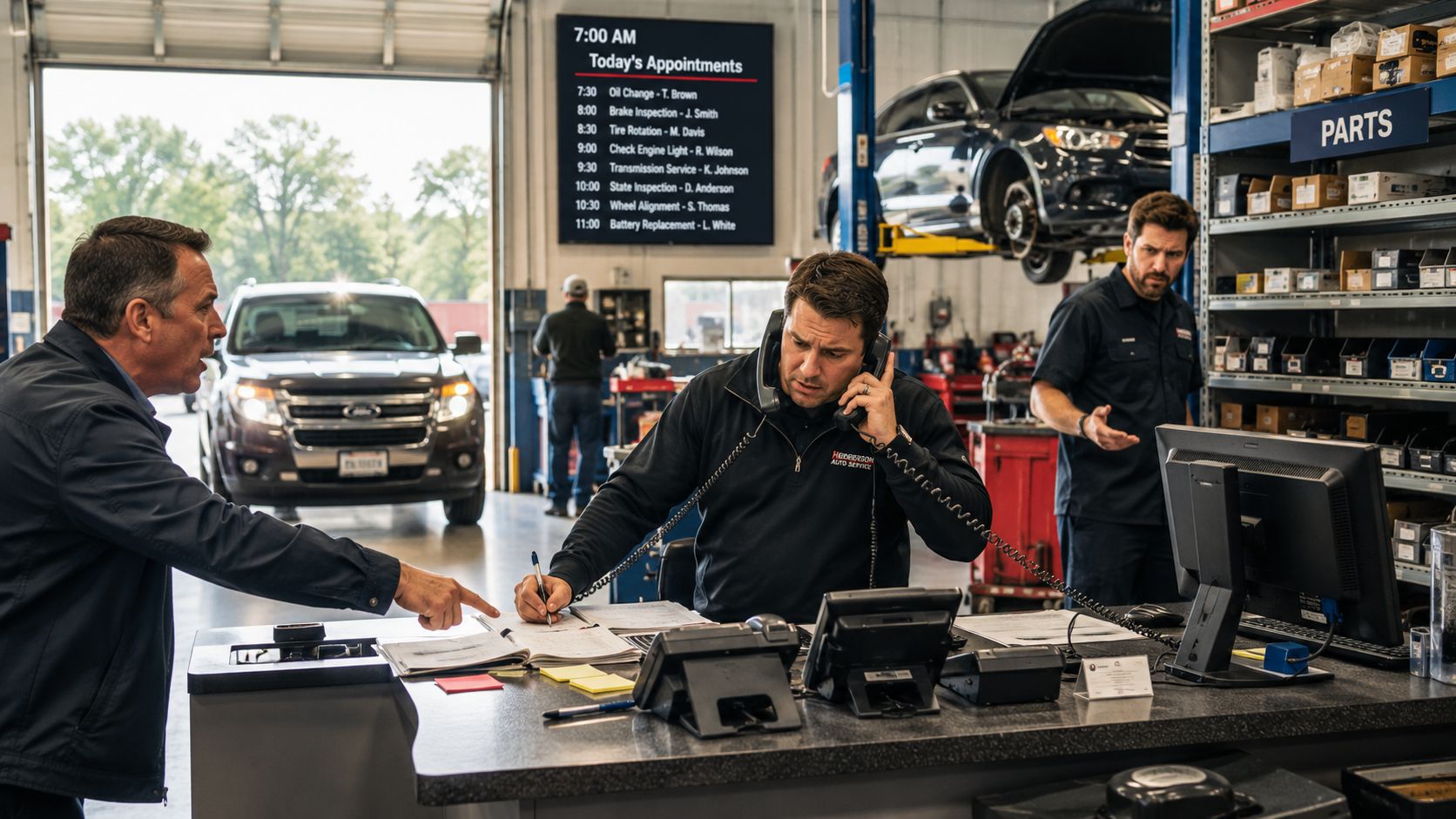 Automotive service center staff coordinating vehicle repairs and checking appointment schedules at a busy service counter.