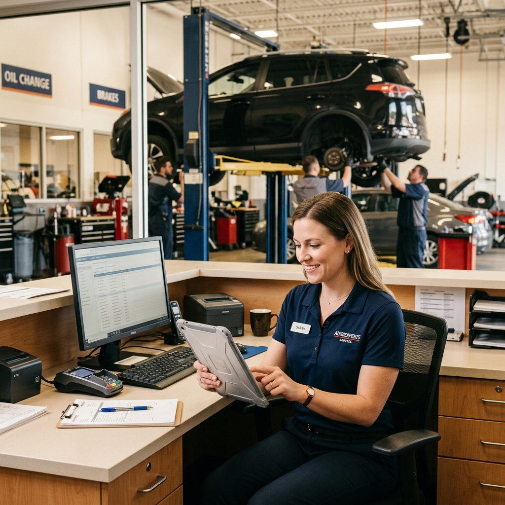 Auto repair service writer generating a digital invoice on a tablet at a modern shop front desk with a car in the bay behind