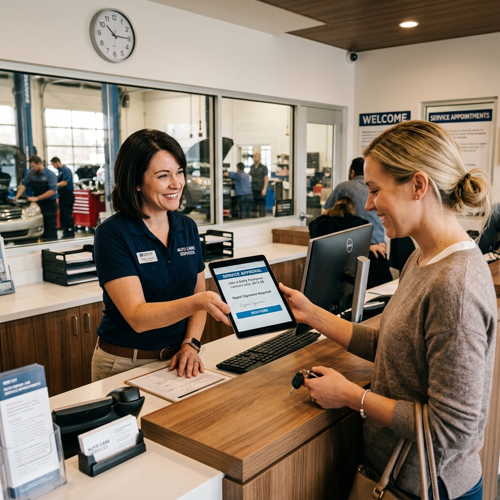 auto repair shop advisor presenting a digital authorization form on a tablet to a customer for signature at the service counter