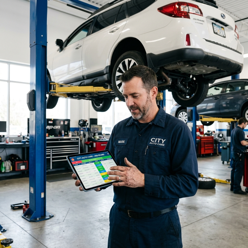 auto repair shop digital management board on a tablet showing Kanban-style job tracking cards in a modern garage