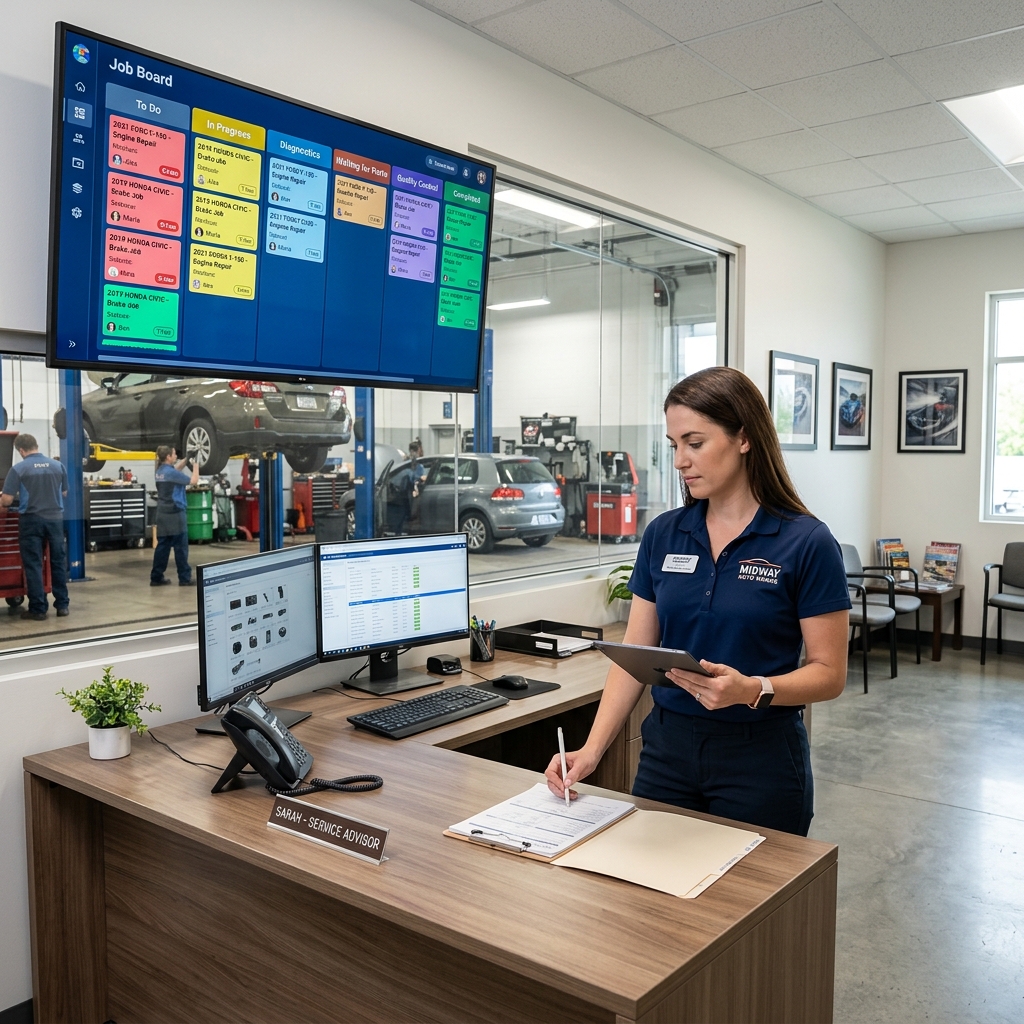 Auto repair shop digital management dashboard displayed on a large monitor showing kanban-style job tracking board with vehicle service card