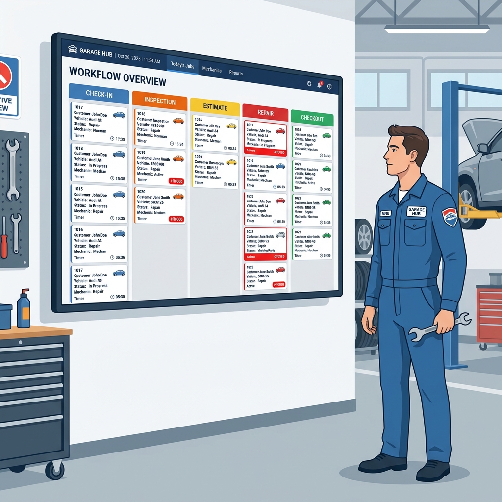 Auto repair shop digital workflow board displaying active vehicle jobs moving through inspection, estimate, and checkout stages on screen.