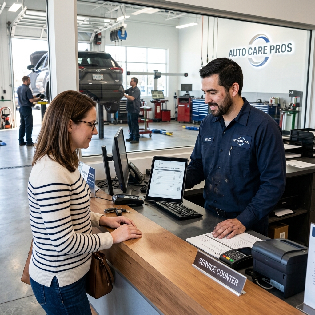 auto repair shop invoice displayed on a tablet at a service counter with a mechanic and customer reviewing it together