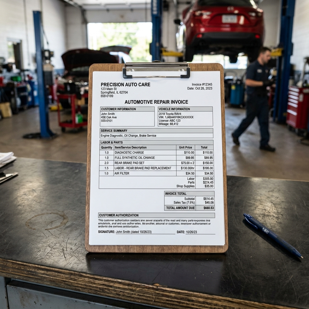 auto repair shop invoice on a clipboard showing vehicle details, labor lines, and customer signature on a service counter