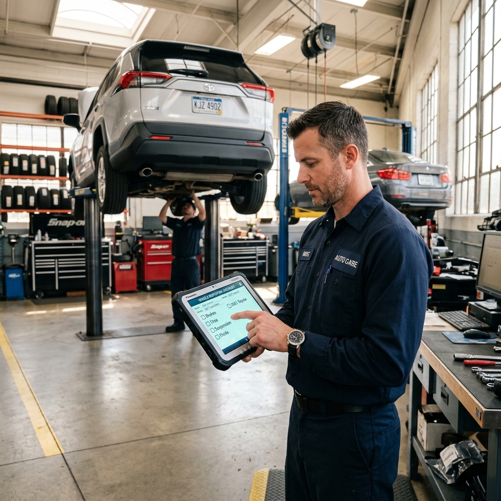 Auto repair shop invoice software workflow showing a mechanic using a tablet to complete a digital vehicle inspection