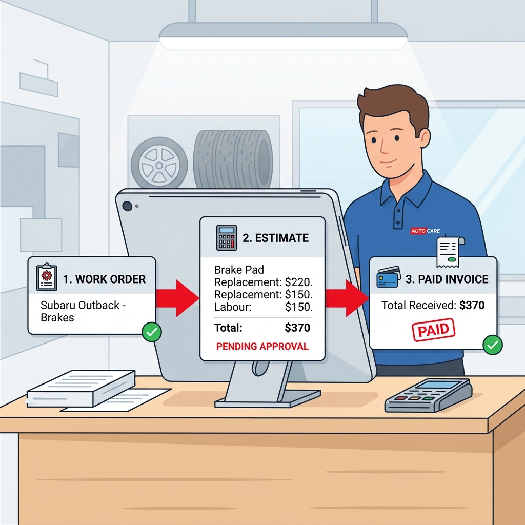 Auto repair shop invoice workflow on a tablet screen showing a work order converting to a paid invoice at a service desk