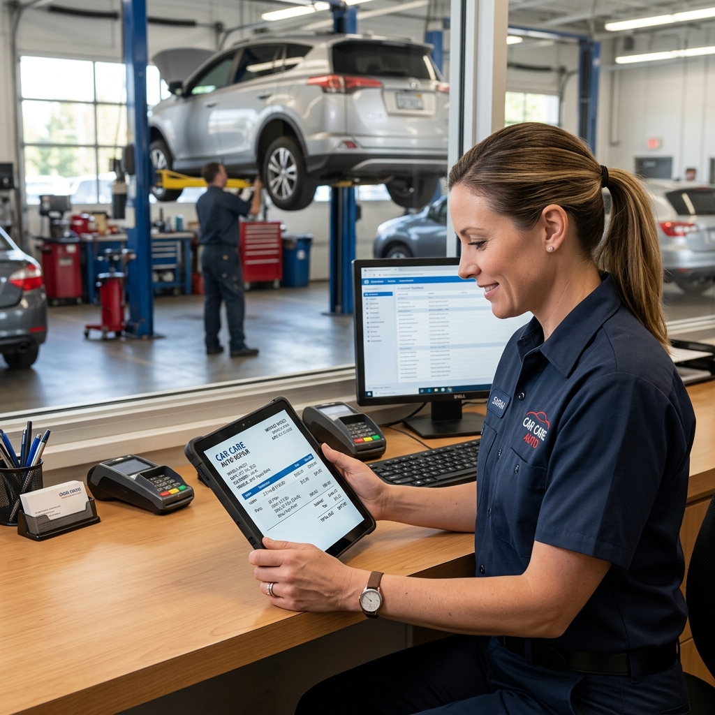 Auto repair shop manager reviewing a digital invoice on a tablet at a service counter, professional setting