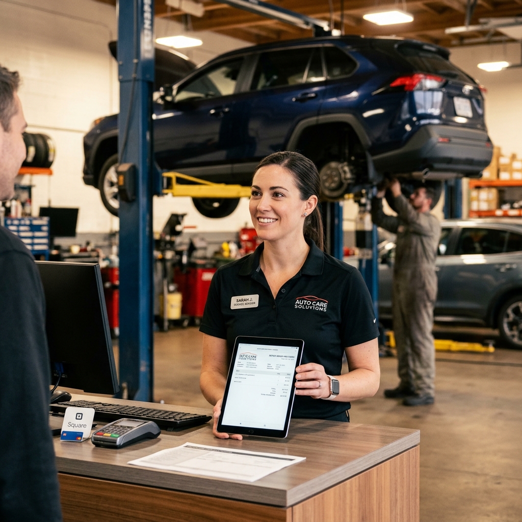 Auto repair shop manager reviewing a digital invoice on a tablet at a service counter with a vehicle in the background.