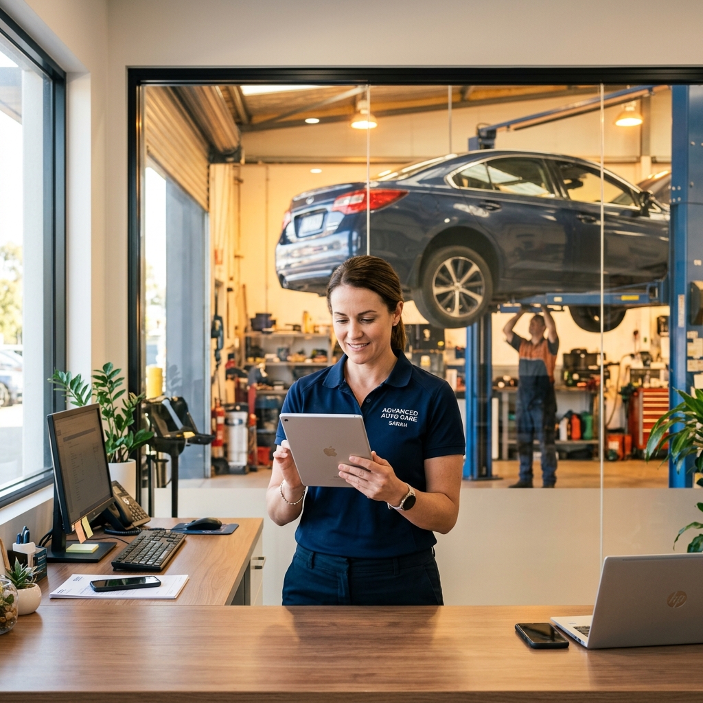 auto repair shop manager reviewing a digital invoice on a tablet at a modern service desk with a car lifted in the background