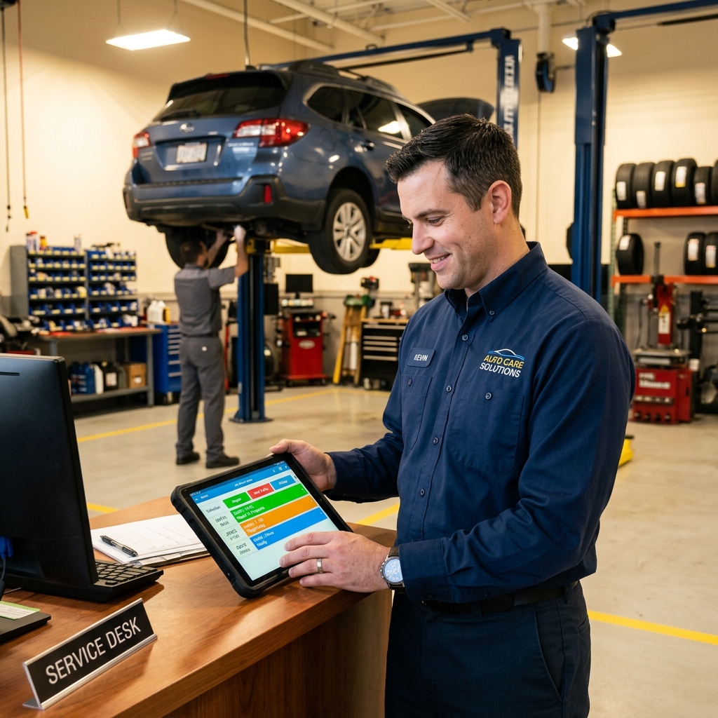 auto repair shop manager reviewing a digital kanban job board on a tablet while a technician works on a lifted car in the bay