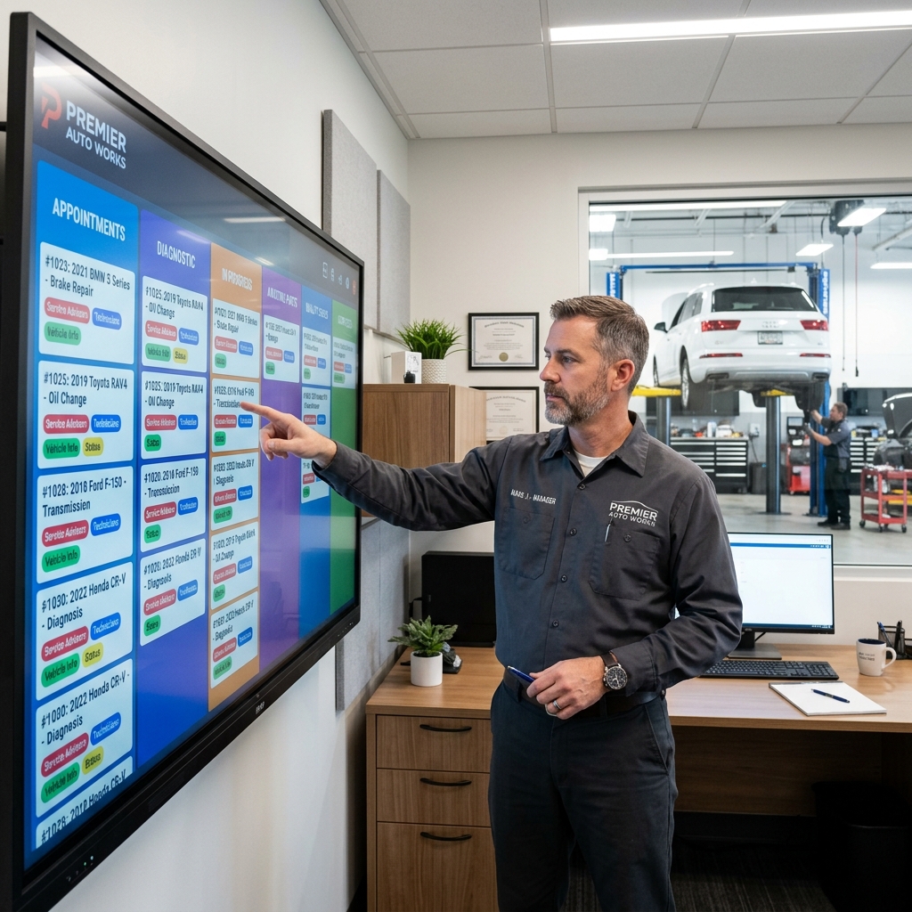 auto repair shop manager reviewing a digital kanban-style shop board on a large touchscreen monitor showing vehicle repair stages