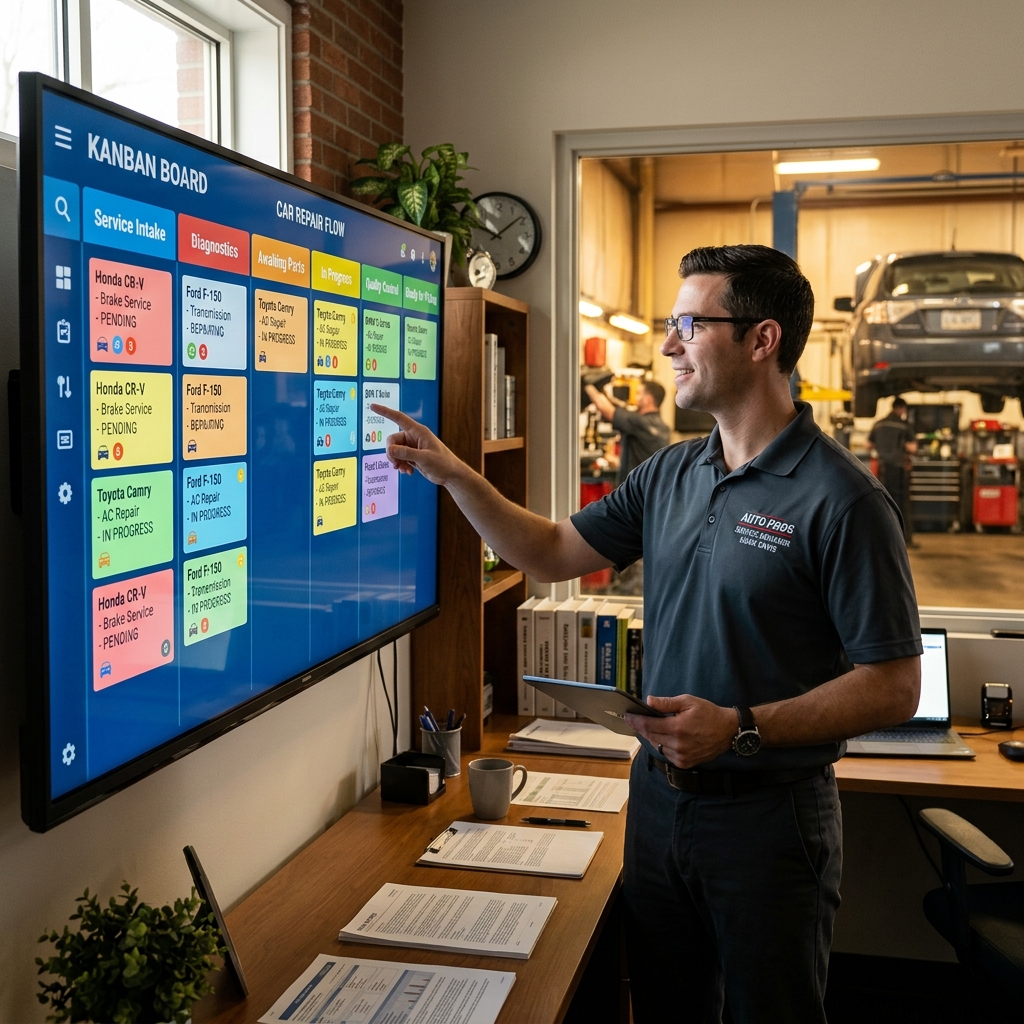 auto repair shop manager reviewing a digital Kanban workflow board on a large touchscreen monitor showing vehicle repair stages