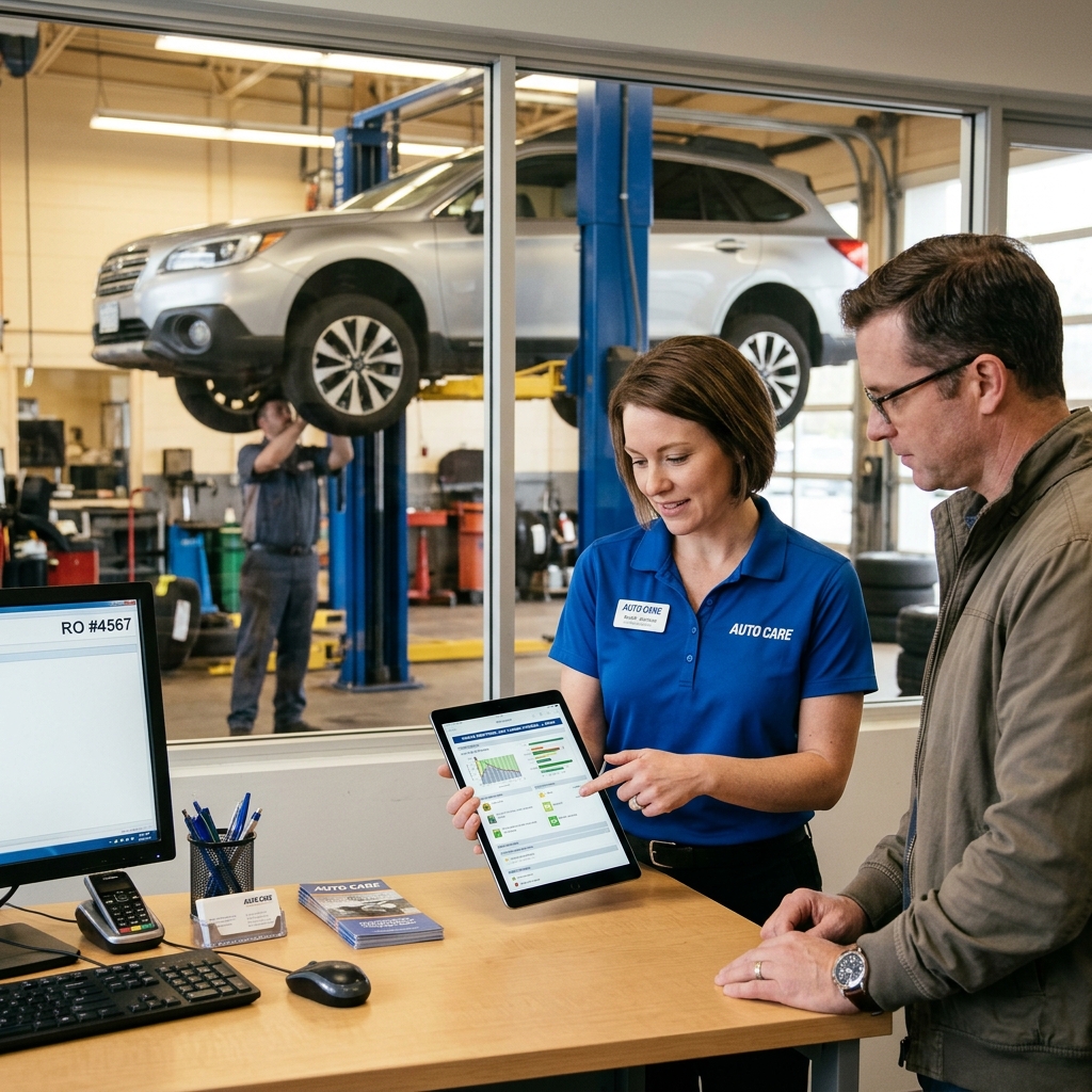 Auto repair shop manager reviewing a digital vehicle inspection and estimate on a tablet at a service desk with a car on a lift in the backg