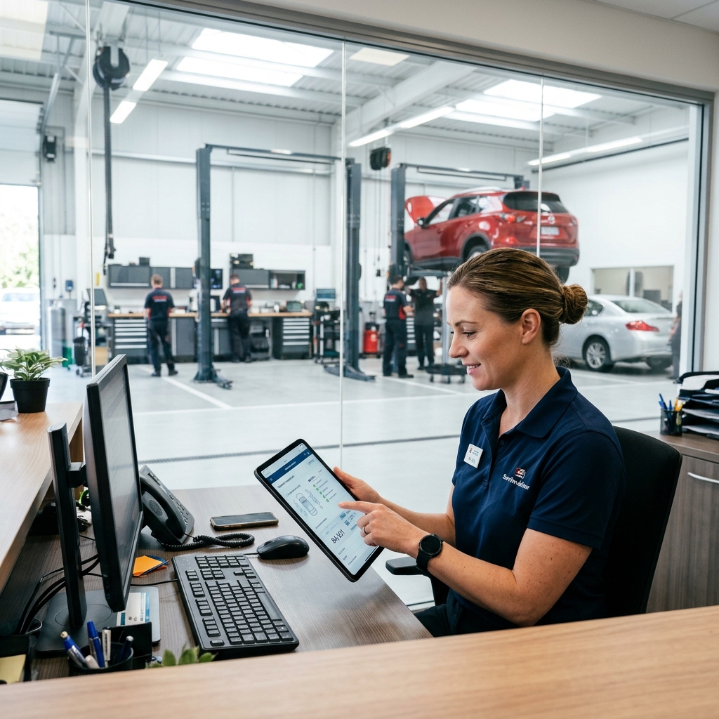 Auto repair shop manager reviewing a digital vehicle inspection on a tablet at a modern service desk with cars in the background.