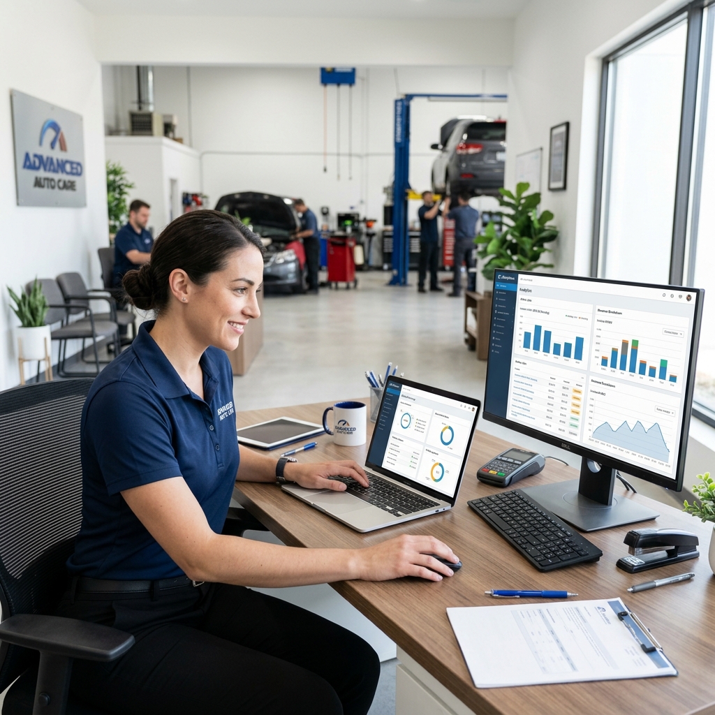 Auto repair shop manager reviewing cloud-based invoice dashboard on laptop at a modern service desk with multiple location data visible.
