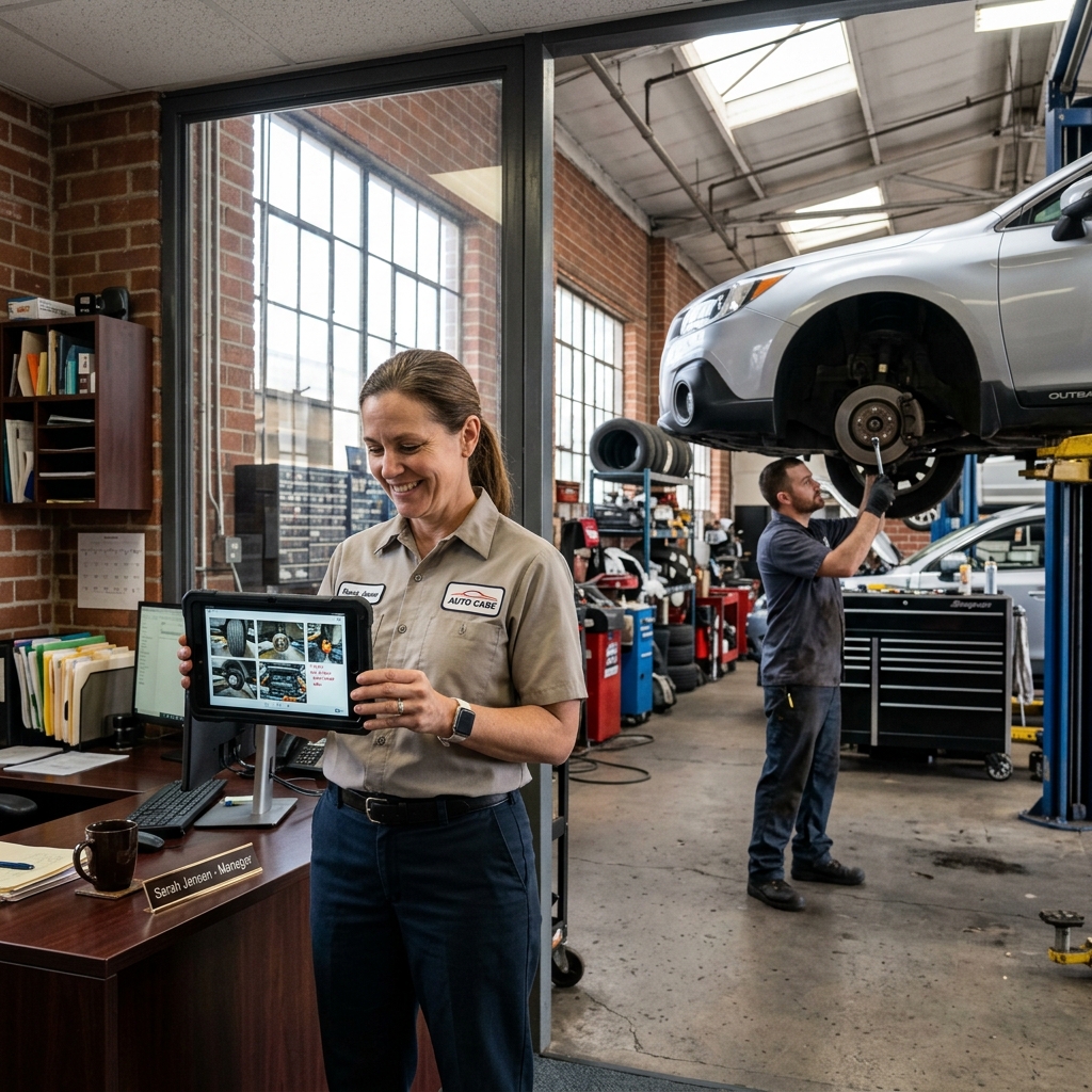 Auto repair shop manager reviewing digital inspection photos on a tablet while a mechanic works on a car in the background
