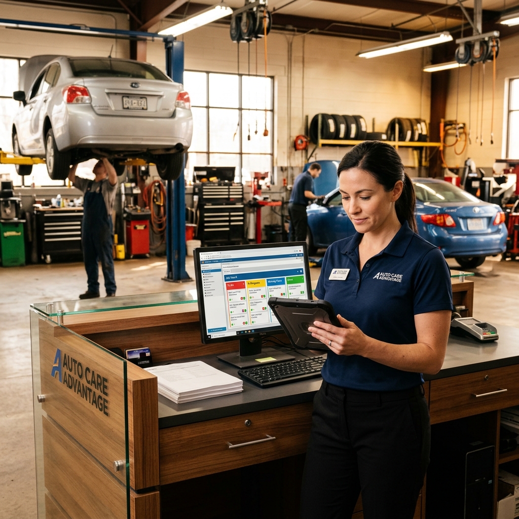 auto repair shop manager reviewing digital inspection reports and job statuses on a tablet at a service desk